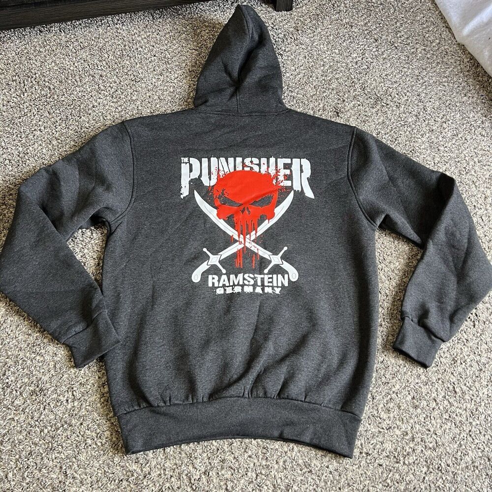 The Punisher Ramstein Germany Hoodie Pullover Logo Fleece Lined Gray New